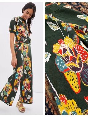 FARM Rio margarita floral green sweater set puff sleeve top wide leg pants XS